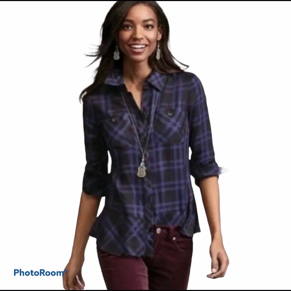 CAbi Tops - Cabi #3431 Blue Moody Plaid Check Peplum Top M